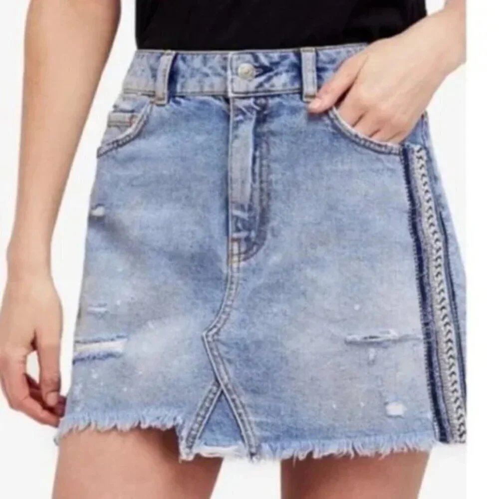 We The Free People Denim Mini Skirt Size 0 McBling Distressed Boho Hippie Grunge